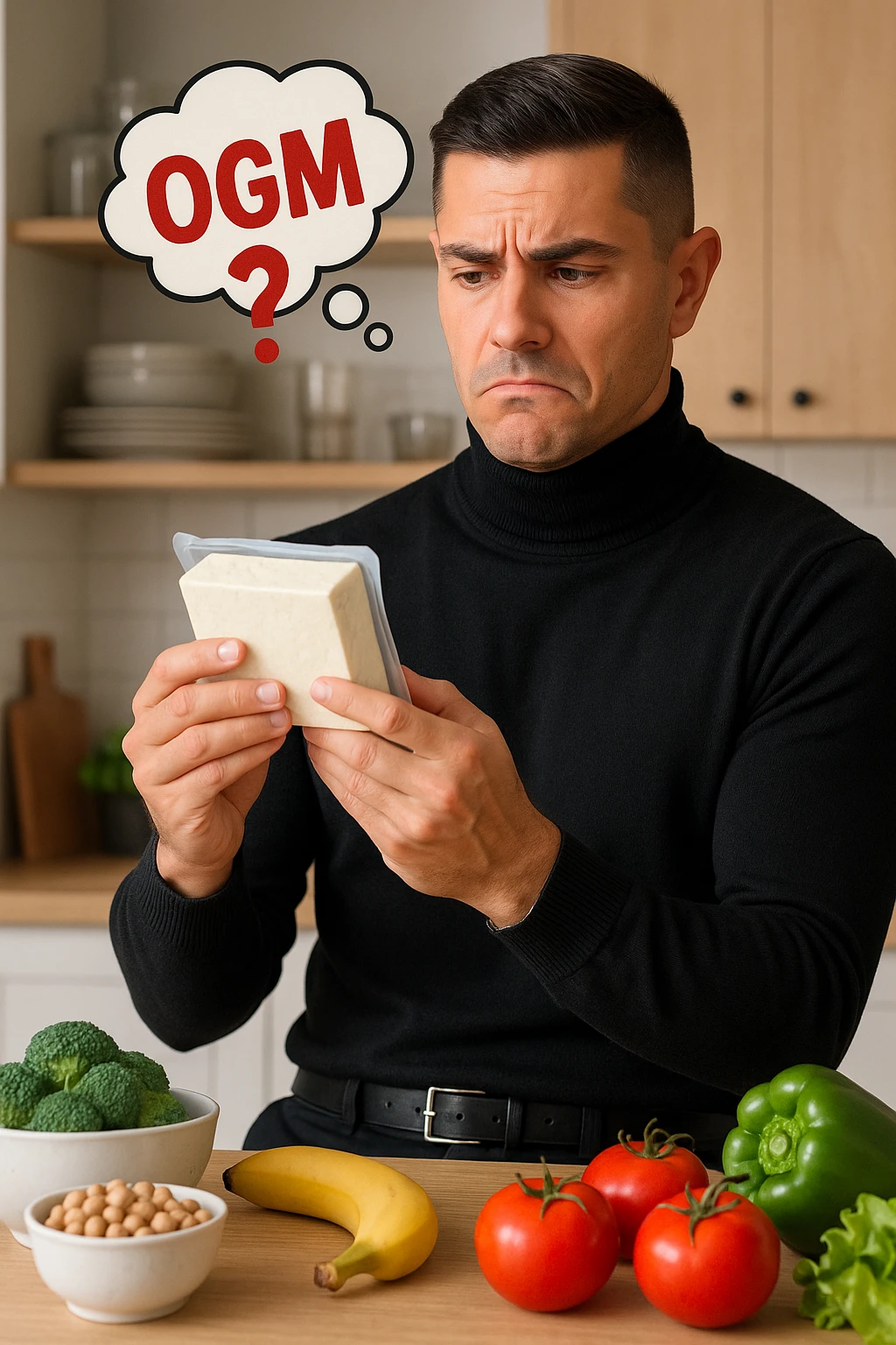 un uomo in cucina tiene in mano una confezione di soia o tofu, osservandola con un’espressione scettica e preoccupata. Sopra la confezione, una nuvoletta di pensiero mostra la scritta “OGM” evidenziata in rosso, accompagnata da un simbolo di allarme o un punto interrogativo. Sullo sfondo, altri alimenti naturali sono visibili sul tavolo, sottolineando la sua preferenza per prodotti non OGM. emoji