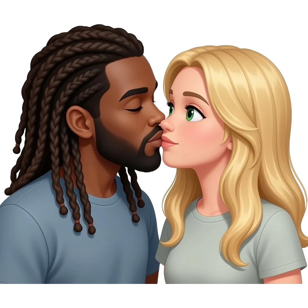 blck guy with long dreads and beard only kissing girl with long blond hair and green eyes emoji