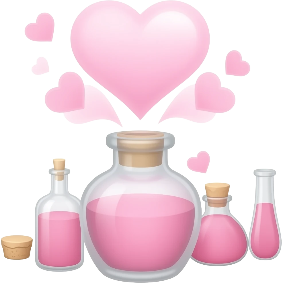 A glowing aphrodisiac glass bottle bottle releasing soft pink, heart-shaped mist, no lid emoji