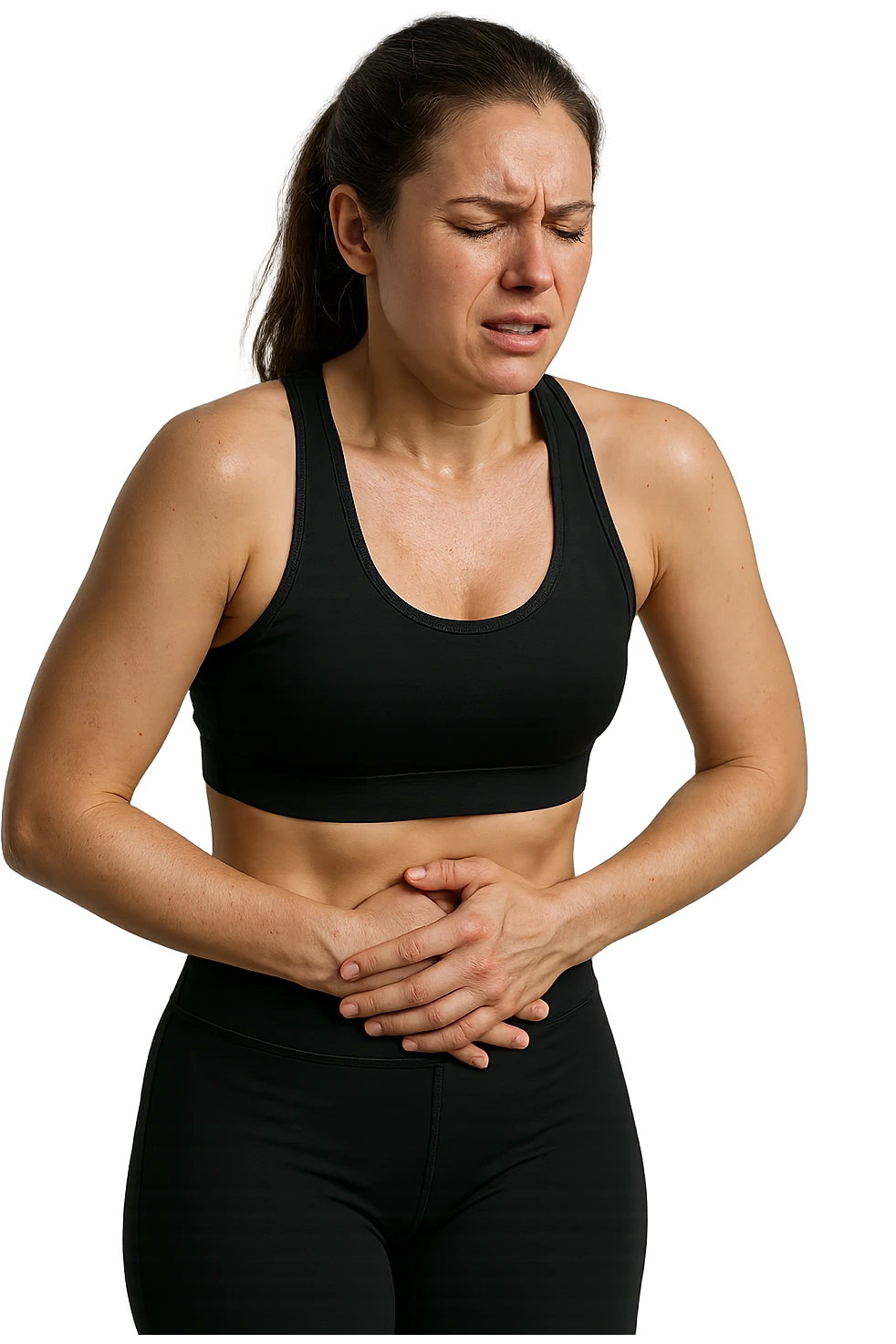 DONNA FITNESS CON MAL DI PANCIA,  iperrealistico 4k emoji