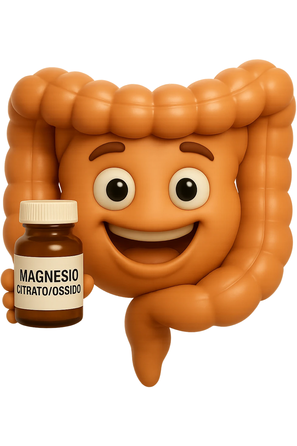 emoji stile iphone 3d di intestino umano felice che tiene in mano una boccetta di magnesio con la scritta "MAGNESIO CITRATO/OSSIDO" SULL'ETICHETTA , iperrealistico 4k emoji