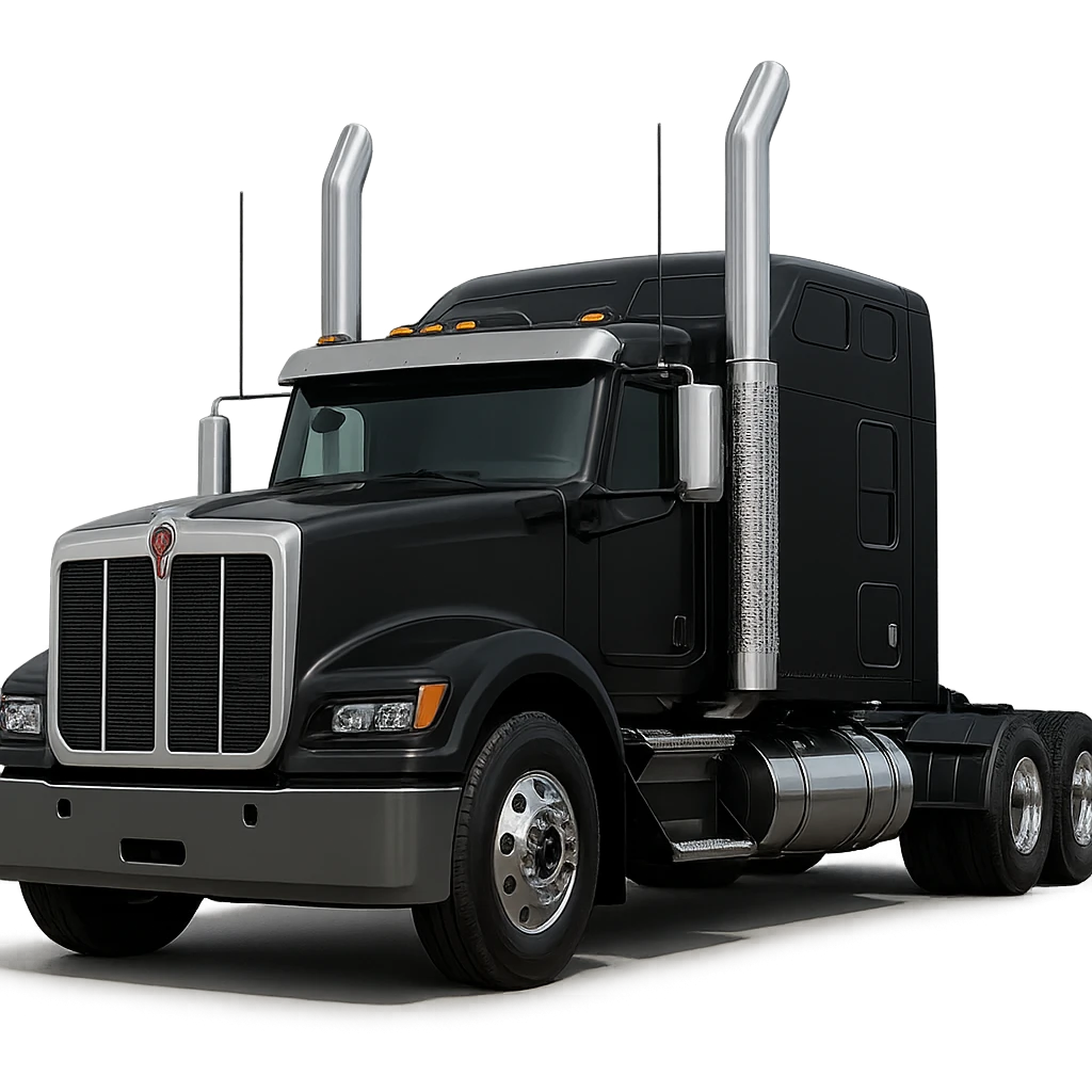 Kenworth W680 flattop black semi truck sleeper with chrome exhaust stacks, front angle emoji