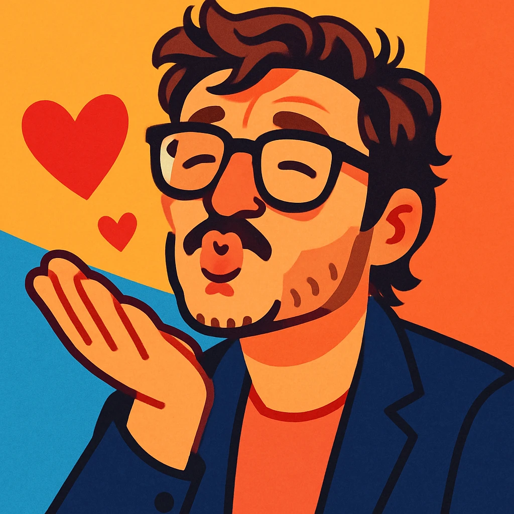Pedro Pascal wearing glasses, blowing a kiss, fun and expressive style, playful and charming, cute and animated, warm and friendly expression emoji
