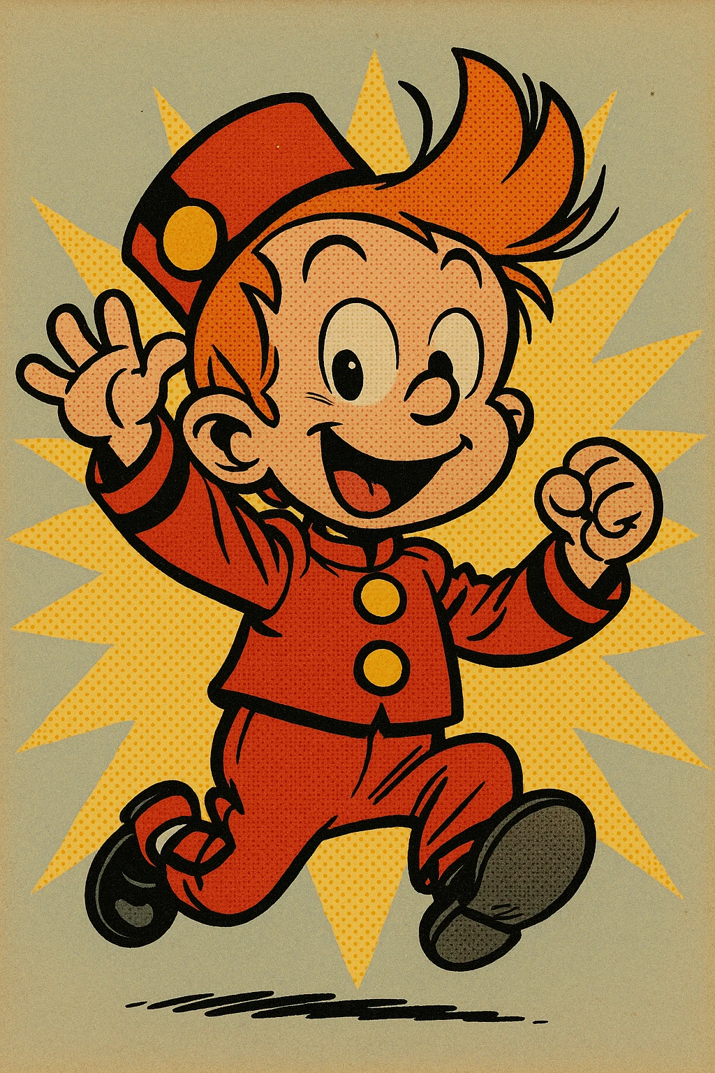 bébé Spirou, bande dessinée style, mignon, costume rouge iconique, expression joyeuse emoji