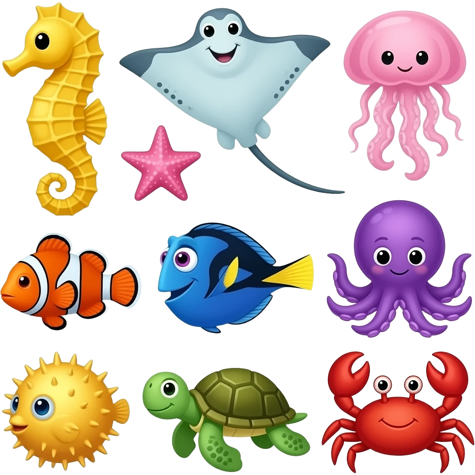 Yellow Seahorse, stingray, pink jellyfish, pink starfish, orange Nemo and blue dory, purple ctopus, yellow pufferfish, green sea turtle, and red crab emoji