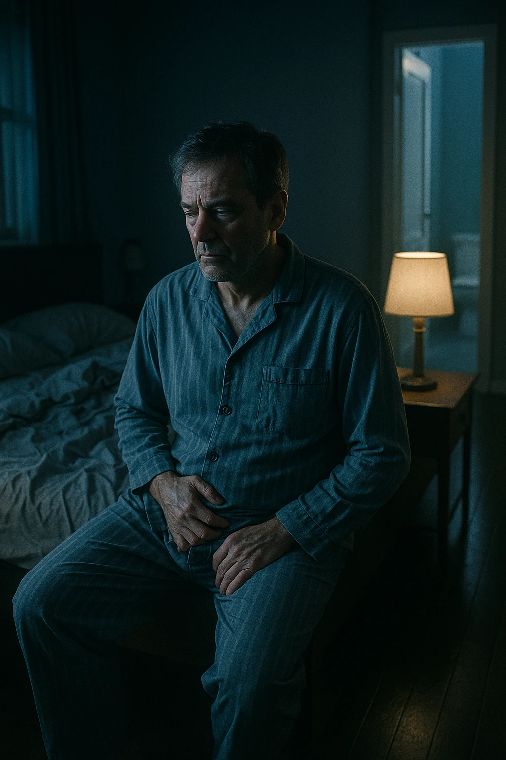 A nighttime scene inside a dimly lit bedroom. A man in his 50s sits stanco sul bordo del letto, con lo sguardo perso nel vuoto, mentre una luce fioca proviene dalla lampada sul comodino. Indossa un pigiama spiegazzato, e si tiene leggermente la zona bassa dell’addome. Dietro di lui, il letto è visibilmente disfatto, segno di sonno interrotto. Una porta socchiusa sullo sfondo mostra la luce accesa in bagno, con il pavimento riflettente che indica i numerosi passaggi notturni. Il tono è cupo ma realistico, con colori freddi, blu e grigi, e un leggero bagliore lunare che filtra dalla finestra. Stile: 35mm film, profondità emotiva, dettaglio ambientale. in italiano emoji
