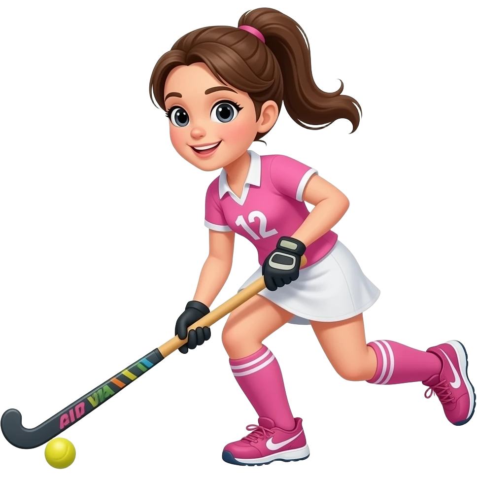 cartoon girl field hockey player playing hockey wearing pink emoji