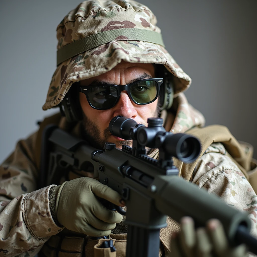 realistic military style sniper, detailed, holding a sniper rifle, camouflage outfit, focused expression emoji