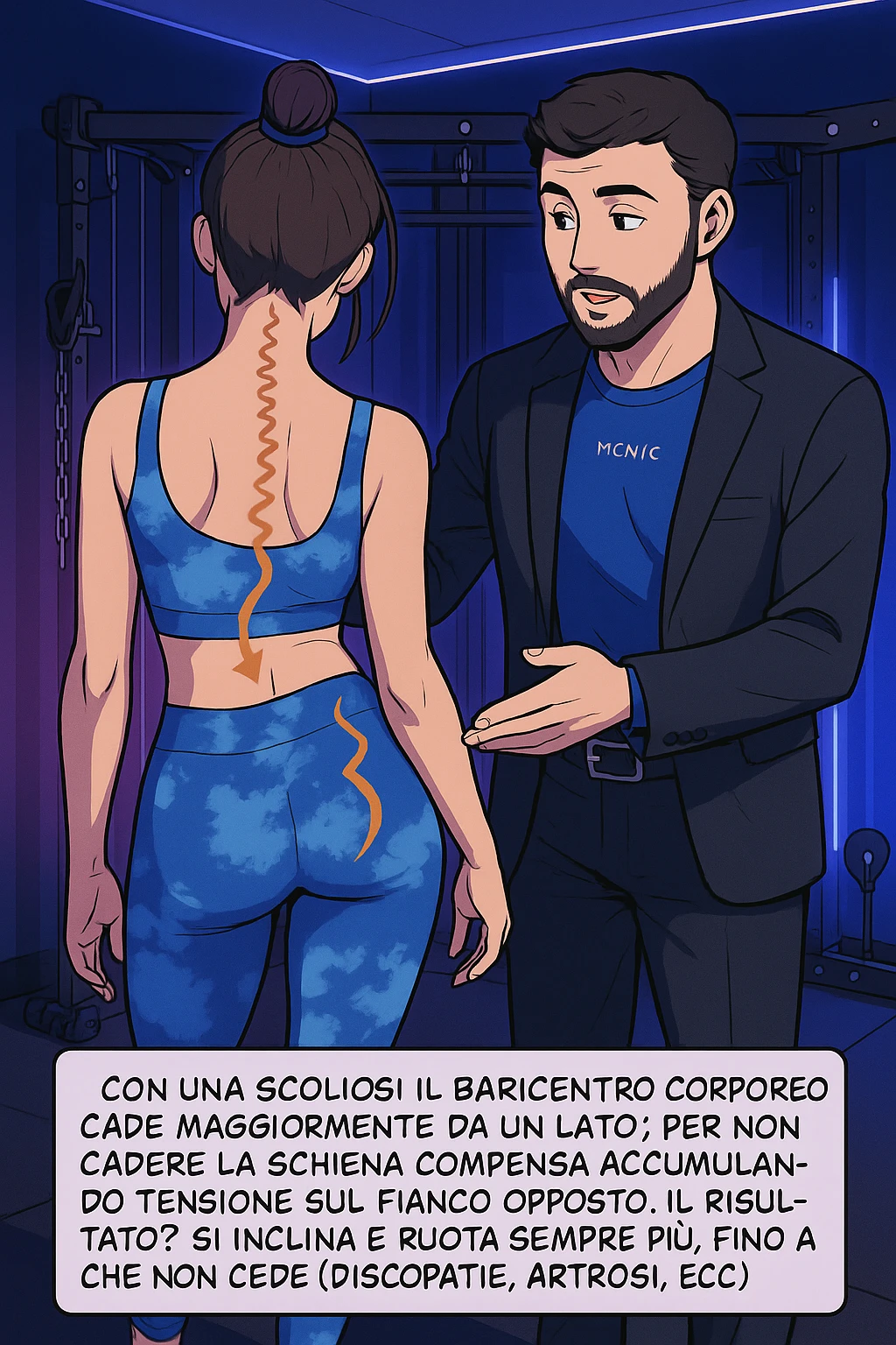fai questa immagine in versione manga/webtoon a colori, il manga mostra la donna di spalle, mentre l'uomo le tocca la spina dorsale per spiegarle come funziona la scoliosi:
Con una scoliosi il baricentro corporeo cade maggiormente da un lato; per non cadere la schiena compensa accumulando tensione sul fianco opposto.
Il risultato? Si inclina e ruota sempre più, fino a che non cede (discopatie, artrosi, ecc) emoji