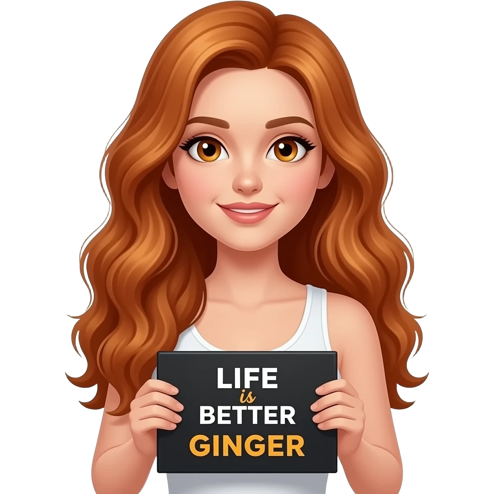 sexy girl with long wavy ginger hair and ginger eyes wearing a white tanktop is holding a black colored sign with LIFE is BETTER with a GINGER written on it emoji