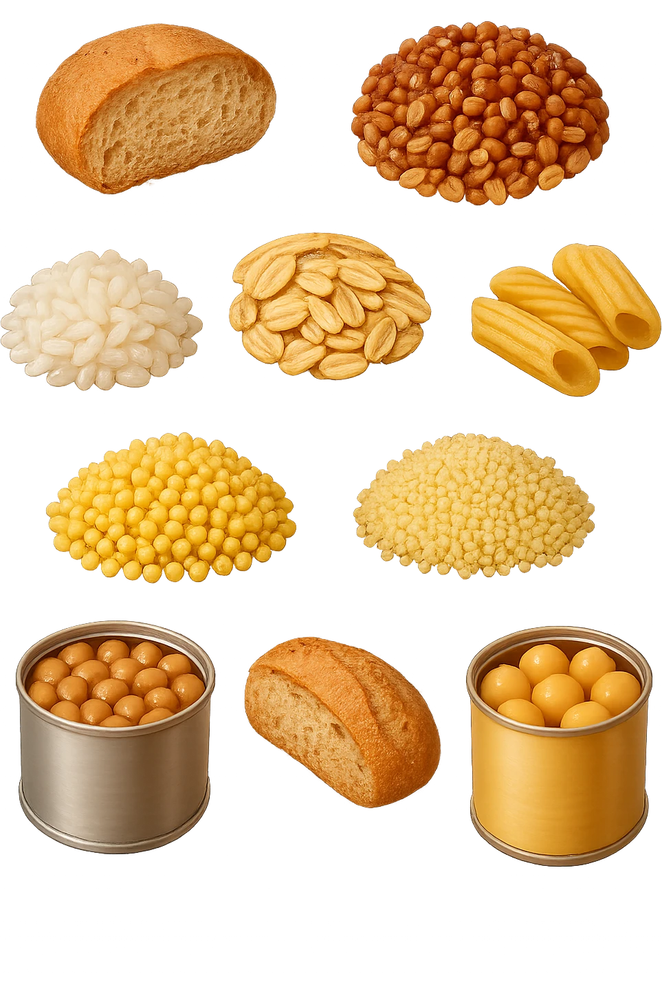 emoji stile iphone 3d di questi elementi che fluttuano in aria:

Riso, quinoa, avena, miglio, couscous senza glutine
Pasta e pane gluten-free
Farro a lievitazione lunga
Lenticchie e ceci in scatola

 che fluttuano in aria, iperealistico 4k emoji