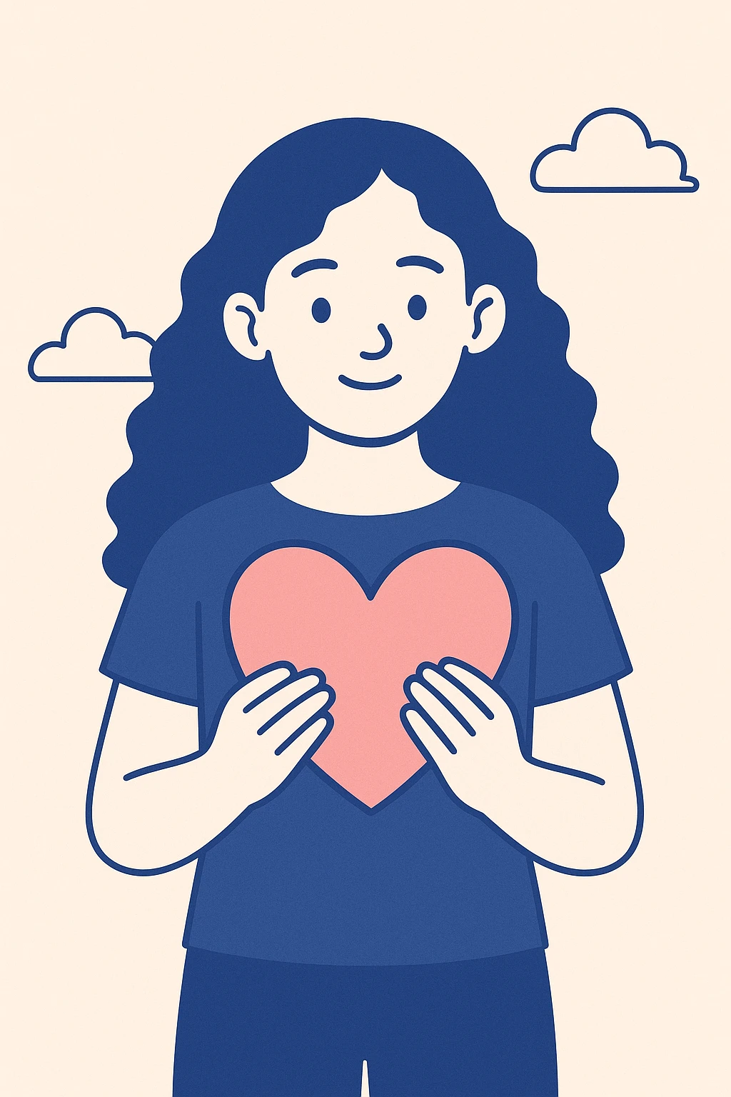 A cute black girl with long curly hair holding a pink heart, cartoon style, bold lines, bright colors, playful and expressive emoji