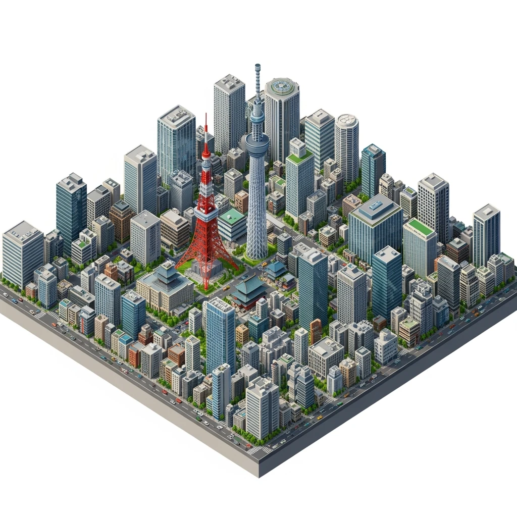 Isometric illustration of Tokyo, full miniature cityscape shown in the frame, 45-degree bird’s-eye view, photorealistic details, Tokyo Tower and Tokyo Skytree in the city center, realistic lighting, clean streets, tiny cars and people, modern buildings with varied architecture emoji