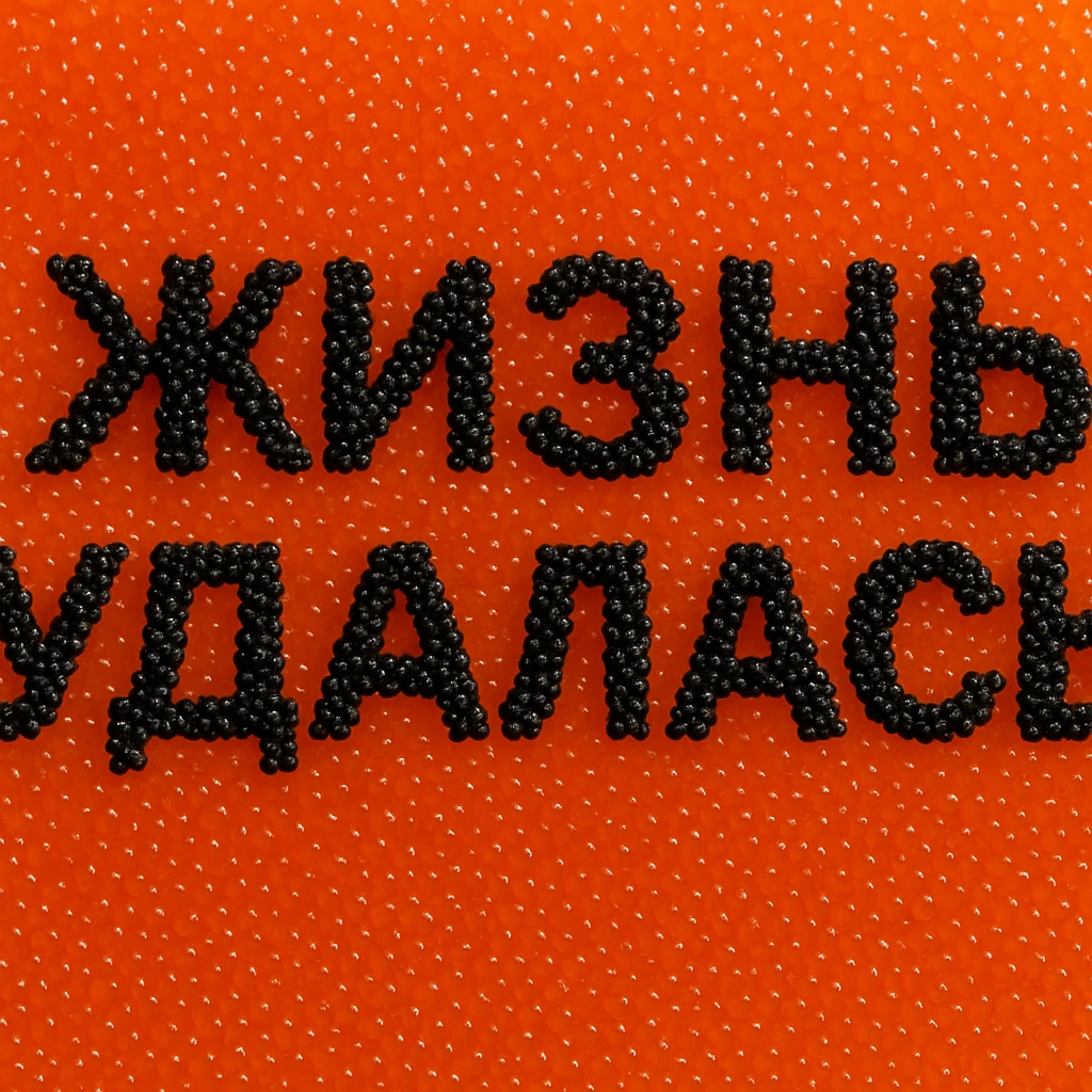 Надпись Жизнь удалась сделанная чёрной икрой на фоне красной икры в одну строку  emoji