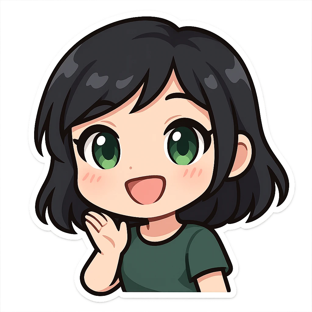 cute girl with black hair and green eyes, smiling, twitch emote style emoji