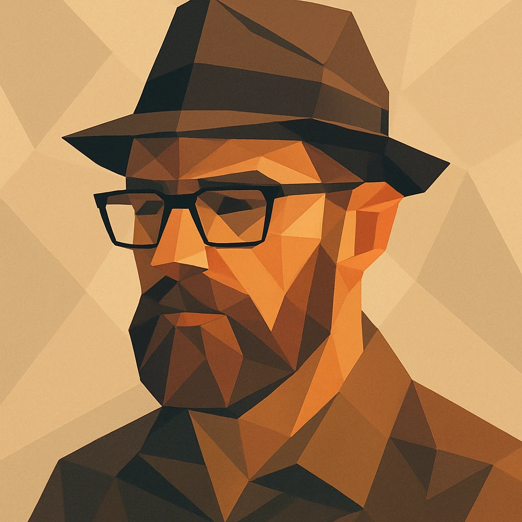 man with hat, beard, and glasses, polygonal low-poly style emoji