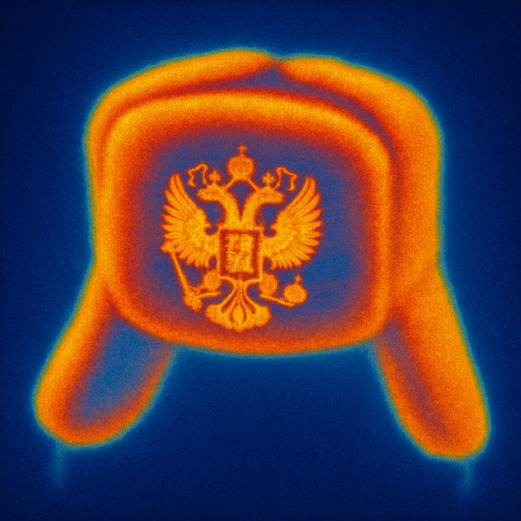 Russian hat ushank with the coat of arms of Russia, with background, thermal camera style emoji