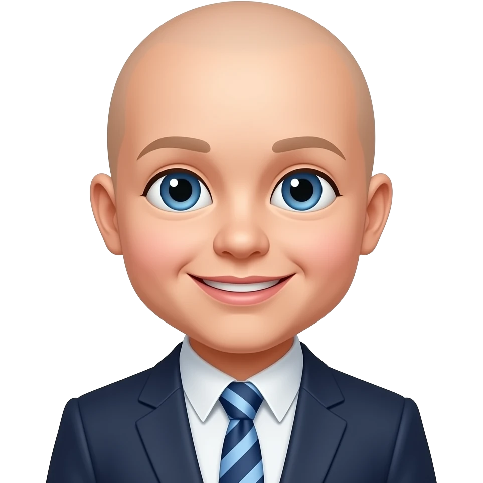 totally bald person with blue eyes and a suit and tie with a baby smilling face emoji