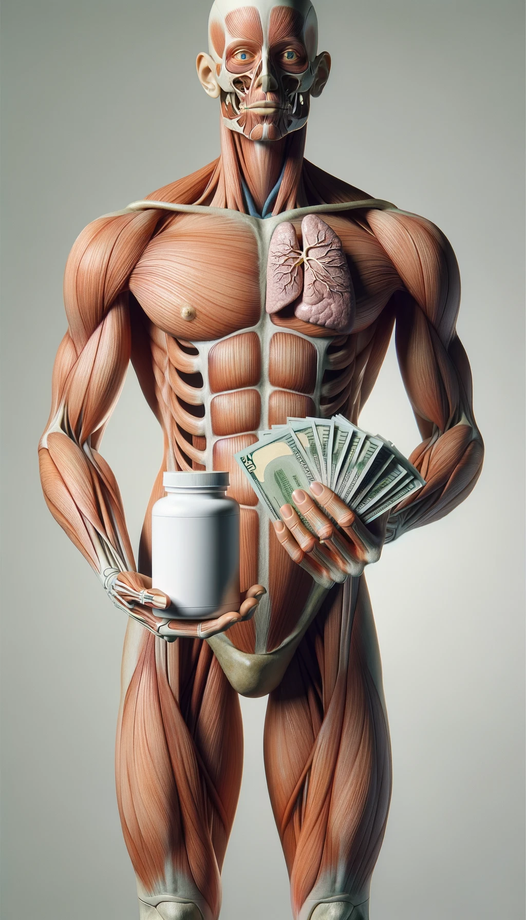 corpo umano anatomico che tiene nella mano destra una boccetta di integratore e nella mano sinistra delle banconote, sfondo neutro chiaro emoji