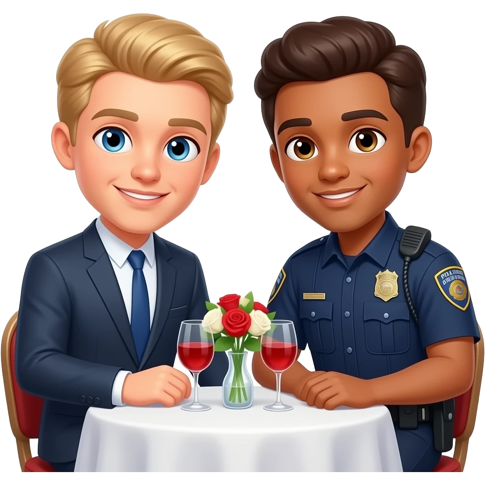Make a young gay couple on a Date , one has light Skin with Blond Hair and Blue Eyes, the other one has slightly brown skin witz dark Brown Hair and Brown Eyes. The blond one is dressed as a banker, the brown one is dressed as a police officer. emoji