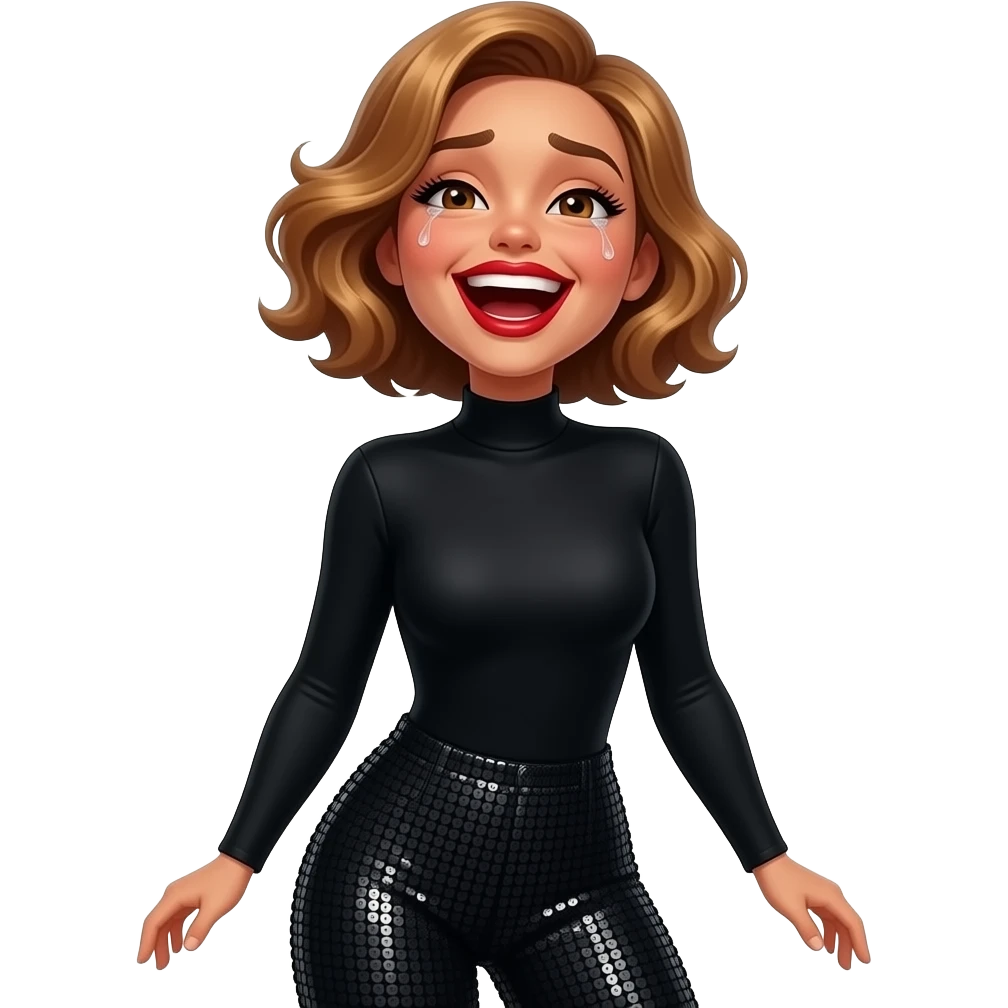 glamours,-tanned,-very-beautiful-woman-with-big-plump-red-lips,-long-long-lashes,-honey-silky-very short- hair,-wavy-hair,-hazel-eyes- wearing-black-Long-sleeved-bodysuit-and-black-sequinned-pants-black-and-laughing-out-loud-with tears-&-throwing head back-waist-up emoji