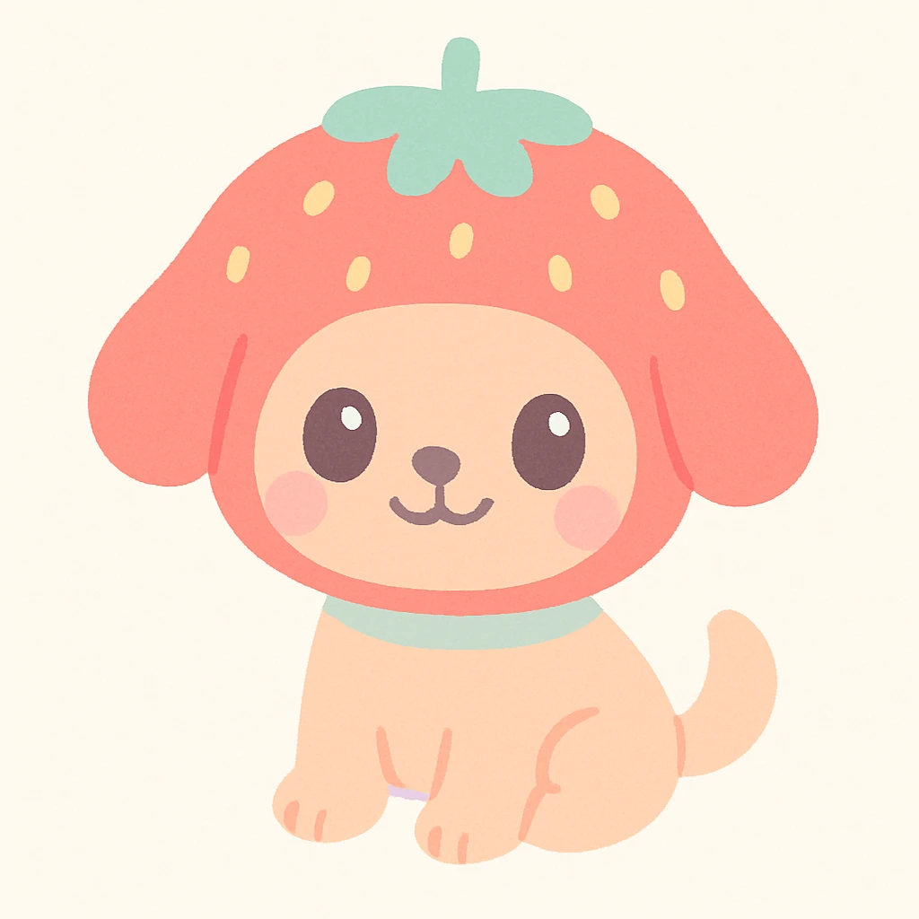 strawberry dog with red fuzzy fur, dog with strawberry-shaped head, cute and playful, kawaii style, simple background emoji