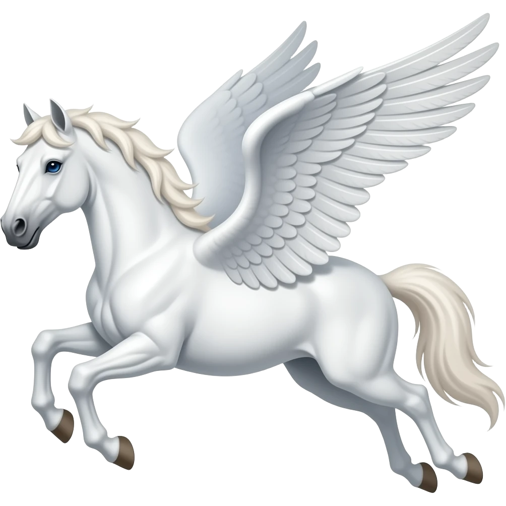 a white  muscle  stallion flying with wings, a very short mane and blue eyes, emoji