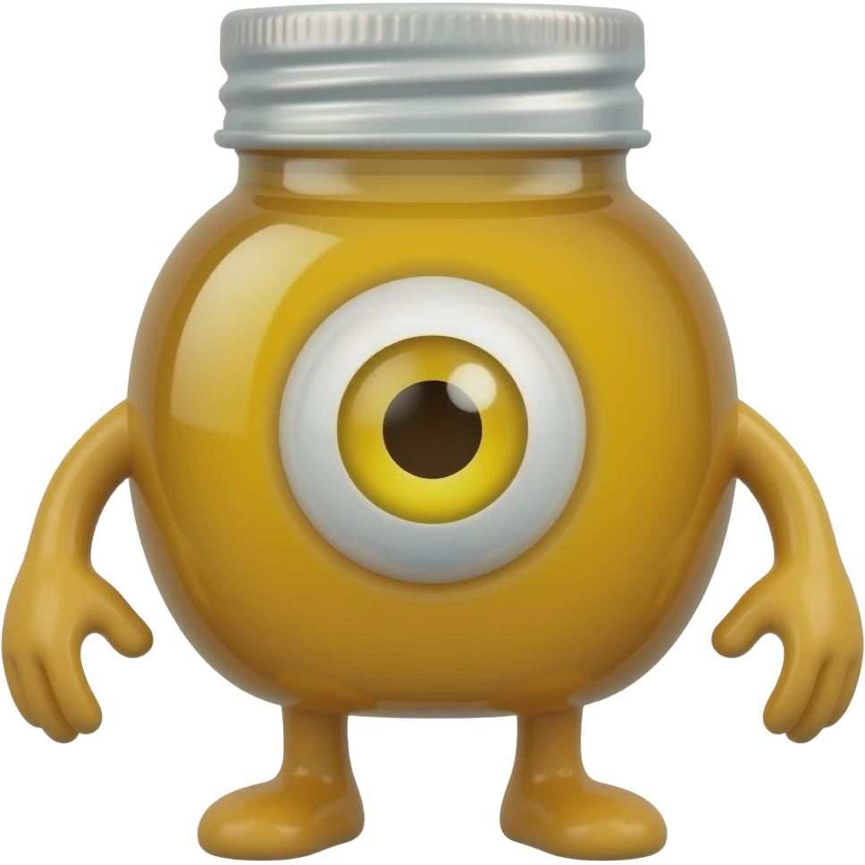 A honey bottle with one single eye and legs and arms with yellow eye emoji
