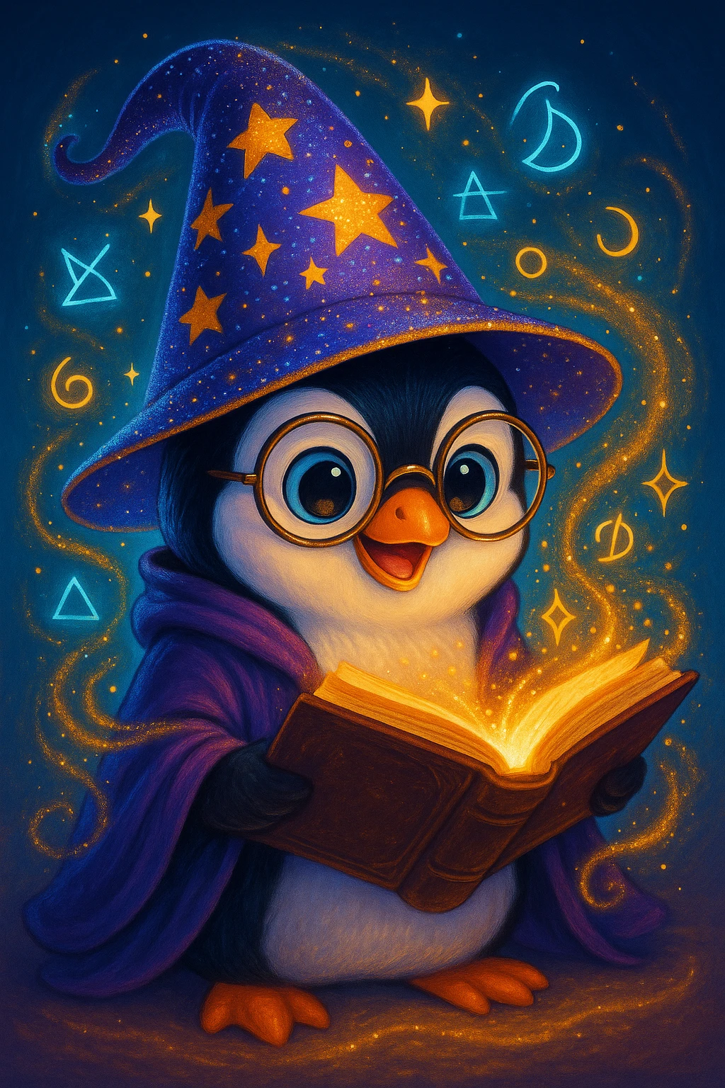 Increase the magic of the penguin wizard by adding swirling sparkles, a glowing spellbook, floating magical symbols, and a sparkling hat brim, in a modern digital art style. emoji