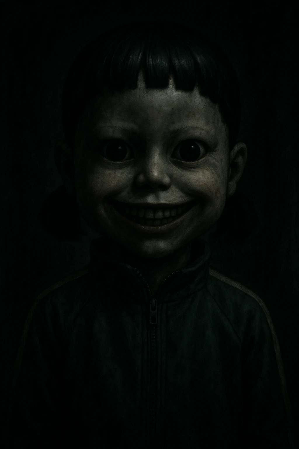 scary boy doll with a wide, unsettling smile, inspired by Squid Game, in a dark, eerie style emoji
