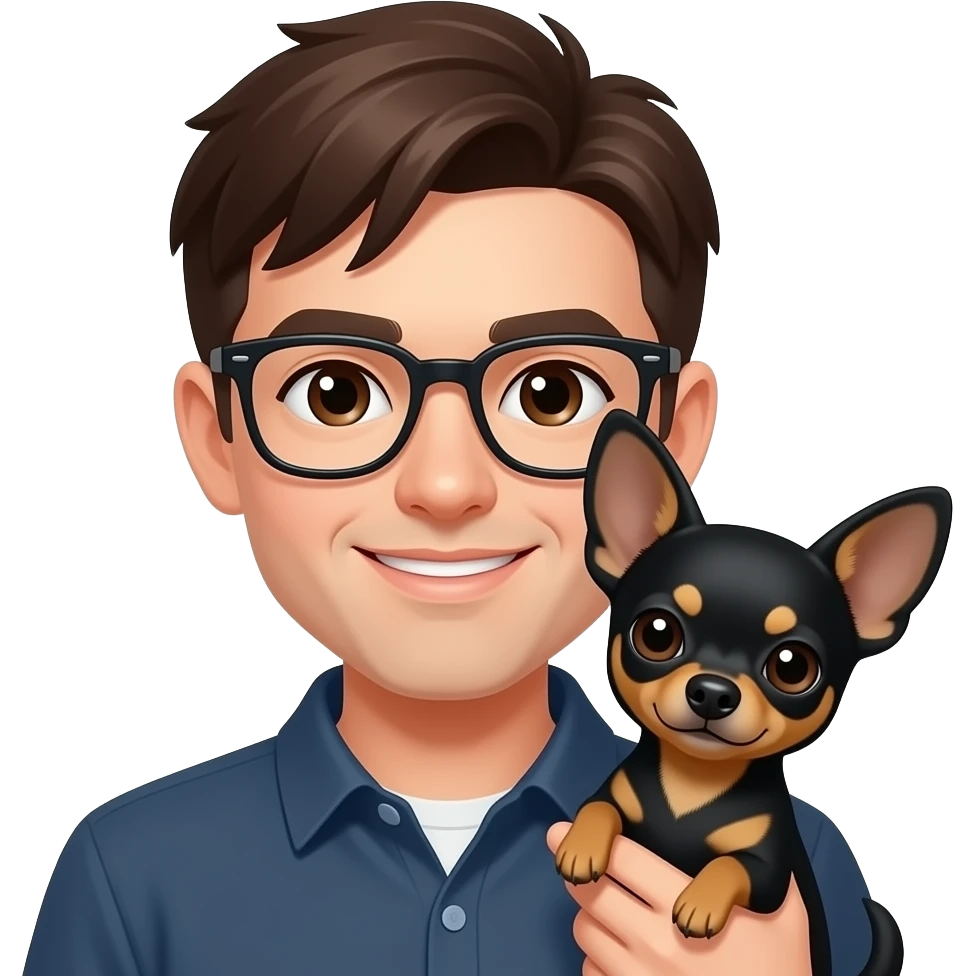 yo con lentes y cabello castaño oscuro y chihuahua bkanca con manchas cafés emoji