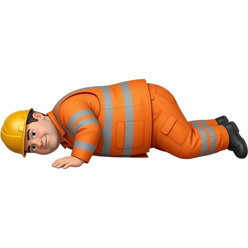 fat MAN IN ORANGE HIVIS OVERALLS, no helmet, laying face down on floor, side view emoji