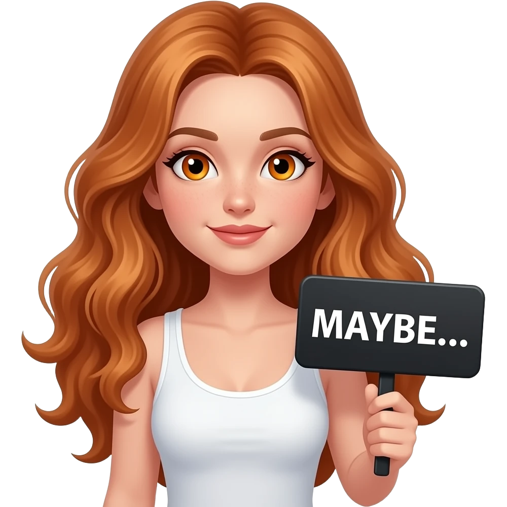 sexy girl with long wavy ginger hair and ginger eyes wearing a white tanktop is holding a black colored sign with MAYBE... written on it emoji