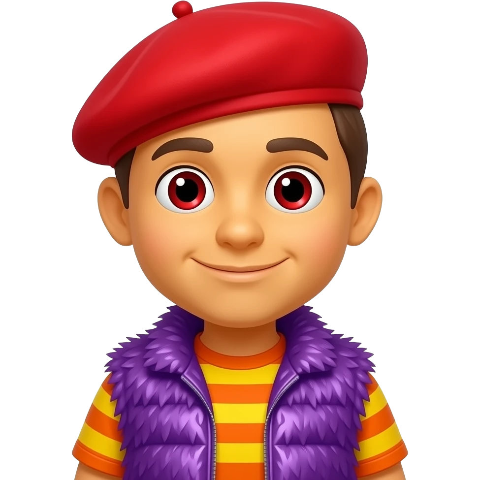 Moe Doodle from The Doodlebops with yellow-orange skin, red eyes, red heavily mop-top hair, red beret, orange and yellow striped metallic shirt, purple metallic shaggy fur vest emoji