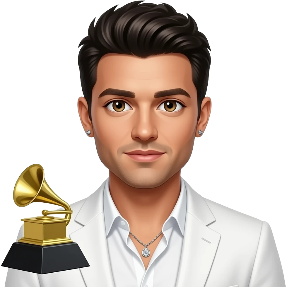 AJ McLean from Backstreet Boys with brown eyes, black hair, white grammy shirt and white suit jacket, necklace and earrings emoji