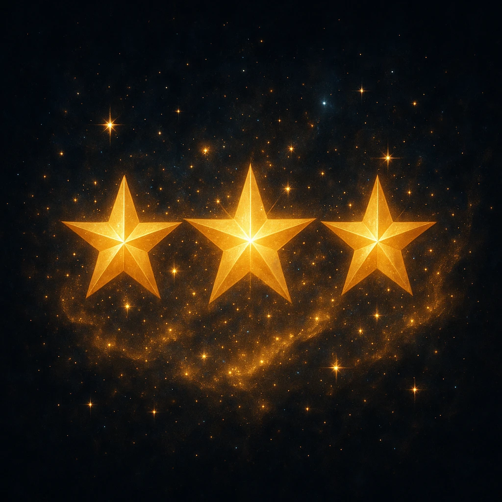 three stars in a row, surrounded by a magical glow, looking impressive, radiant, sparkling emoji