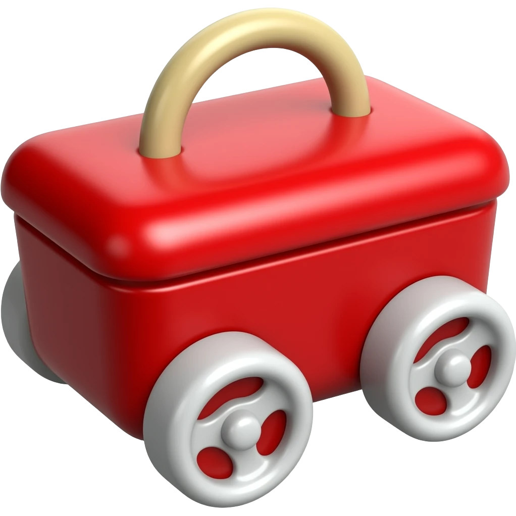 Red box with 4 small wheels with sterring wheels emoji
