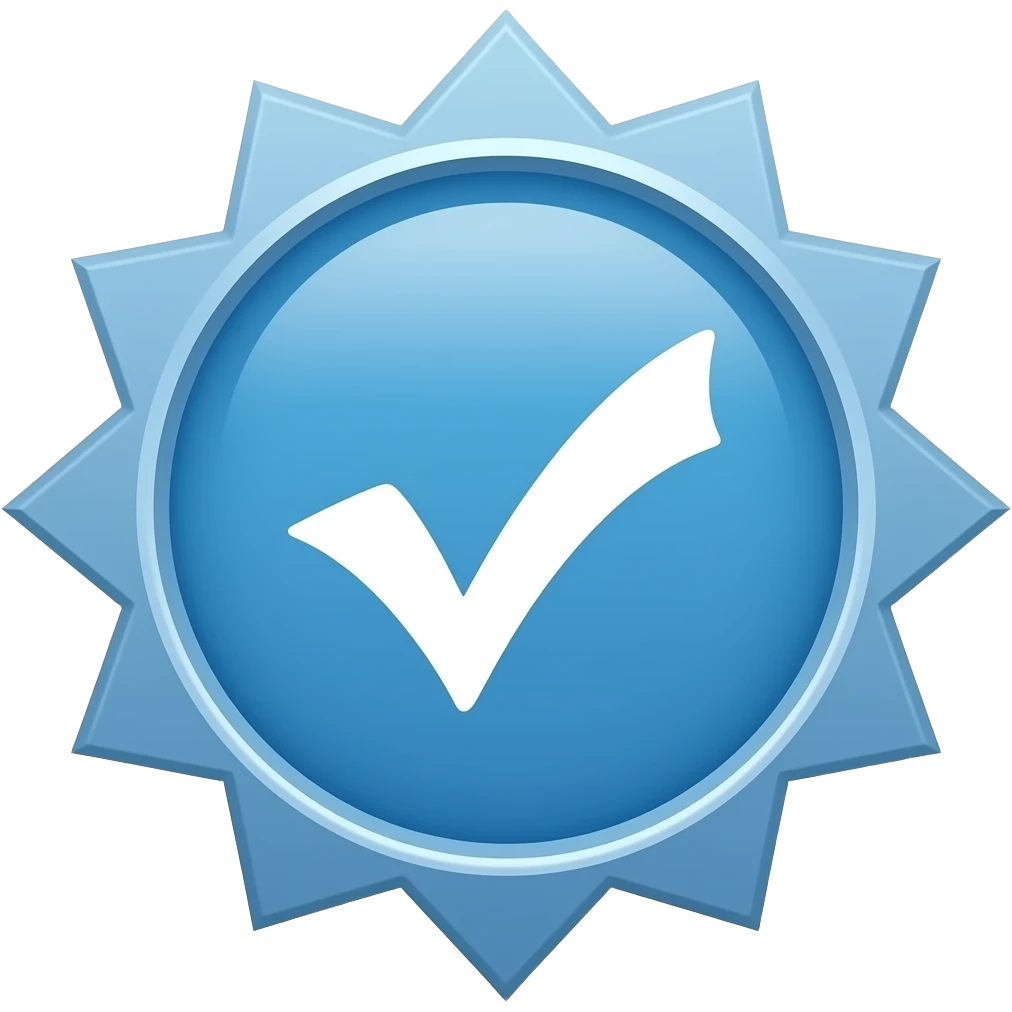 A flat vector icon of a blue verification badge with a circular center and 12-pointed jagged starburst edge, solid medium blue fill, thick white checkmark in the center, simple minimal design, no background, isolated on transparent. emoji