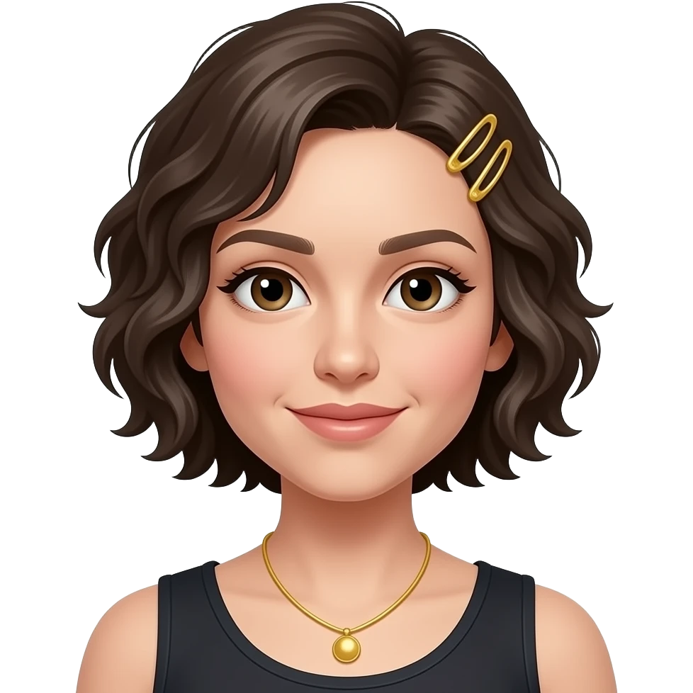 Señora de piel un poco clara, pelo muy corto en la parte de abajo de la cabeza colóchitos muy cortos y arriba corto y liso, con chapas de oro, collar de oro, pocas muy pocas canas emoji