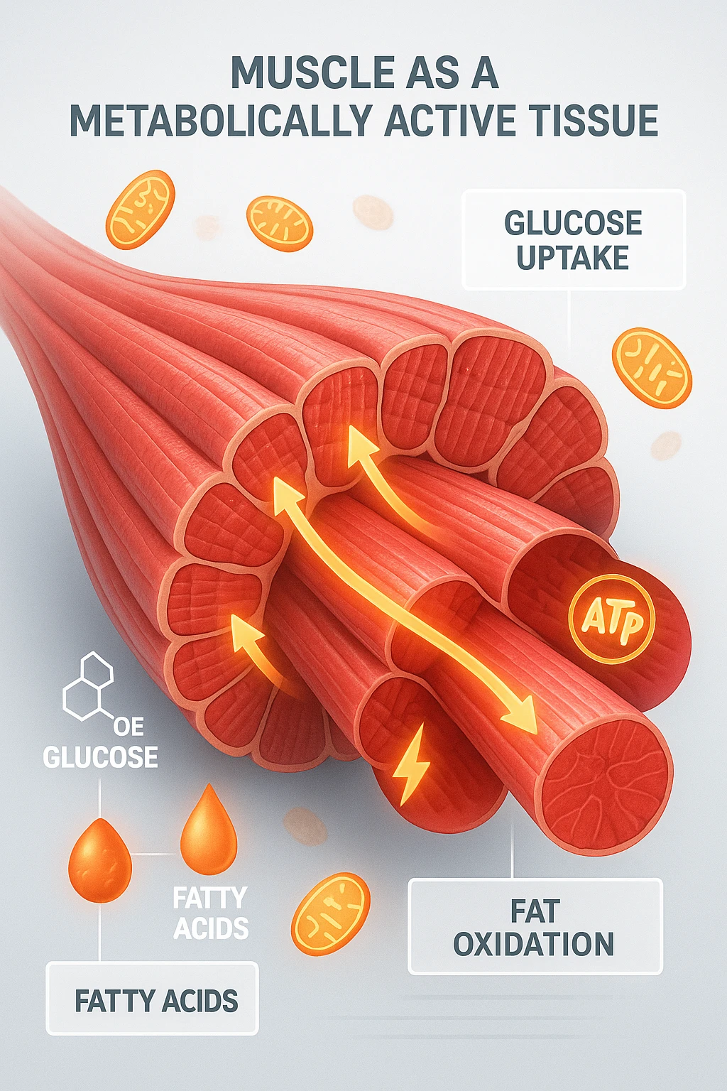 a highly detailed cross-section of human skeletal muscle fibers, shown in vibrant red and pink tones, with visible striations and realistic texture. Glowing arrows and animated icons represent active metabolic processes—such as glucose uptake, fat oxidation, and ATP production—occurring within the muscle tissue. Surrounding the muscle, floating symbols for mitochondria and energy highlight its metabolic activity. The background is clean and clinical, with subtle labels and infographics explaining that muscle is a metabolically active tissue. The overall style is modern, scientific, and visually engaging, suitable for educational or medical use. emoji