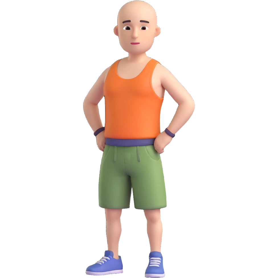 Remove all hair from the character, leaving a bald head. Keep the rest of the body, face, and clothing (shorts and tank top) unchanged. Maintain the same 3D style, pose, and transparent background. emoji