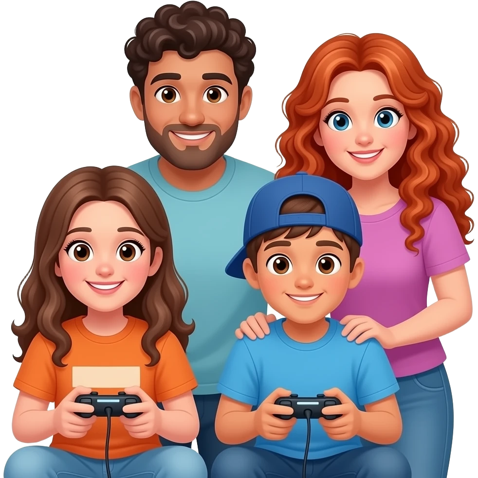 Two teenagers playing video games. One with long hair, the other wearing a cap. Their dad has curly dark hair, and their mom has very long, curly red hair, watching them play. emoji