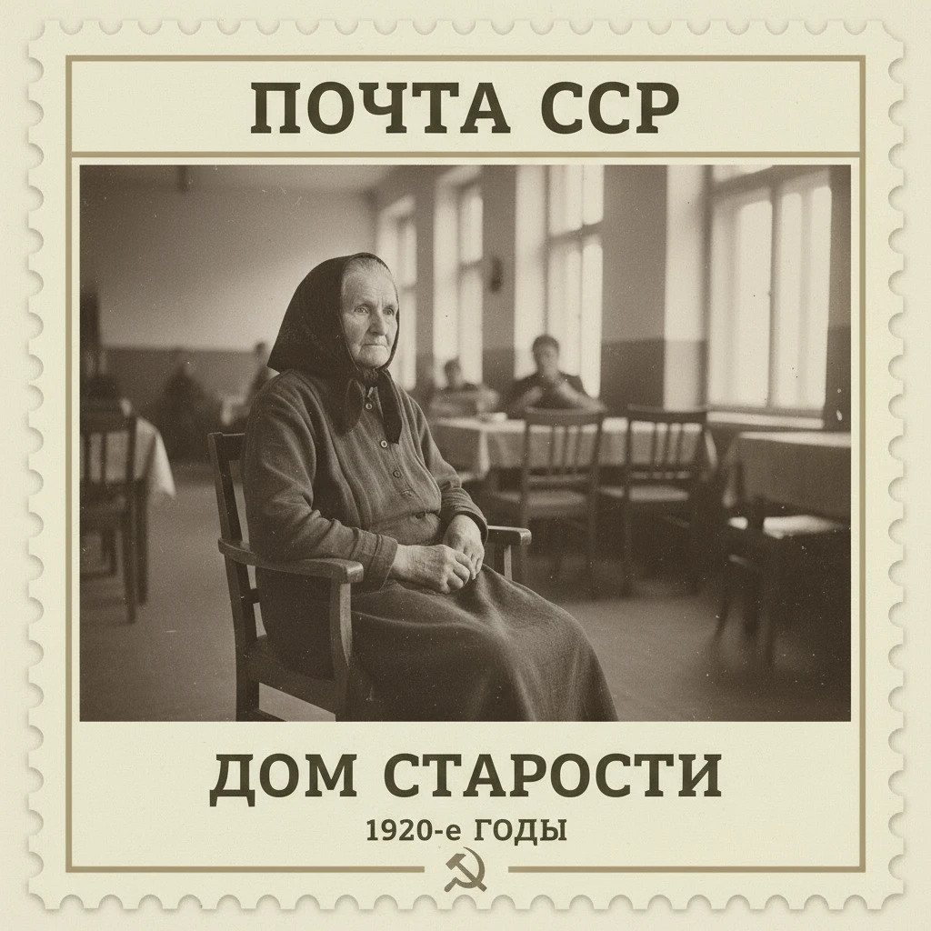 Марка на которой изображена бабушка в доме престарелых. СССР 1920-е годы.

Стиль марки такой же, как на прикрепленном фото emoji