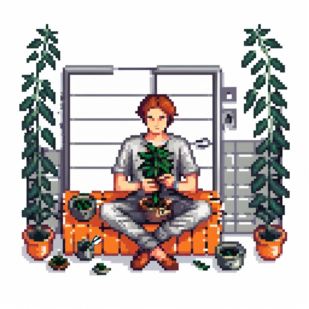 Pixel art depiction of a man in a jail cell, sitting and trimming cannabis with scissors, surrounded by cannabis leaves. emoji