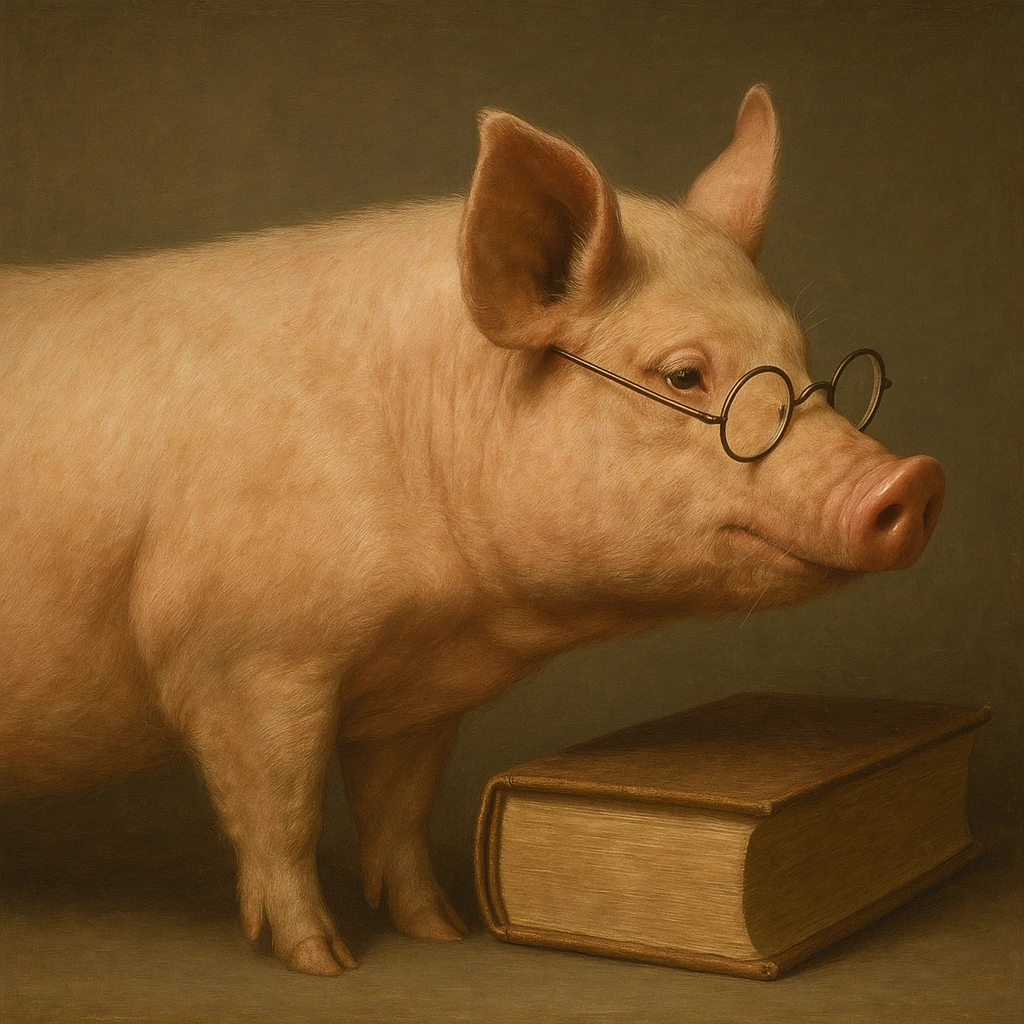 side view of a pig, realistic style, academic color palette, with subtle scholarly elements like glasses or a book, minimal background emoji