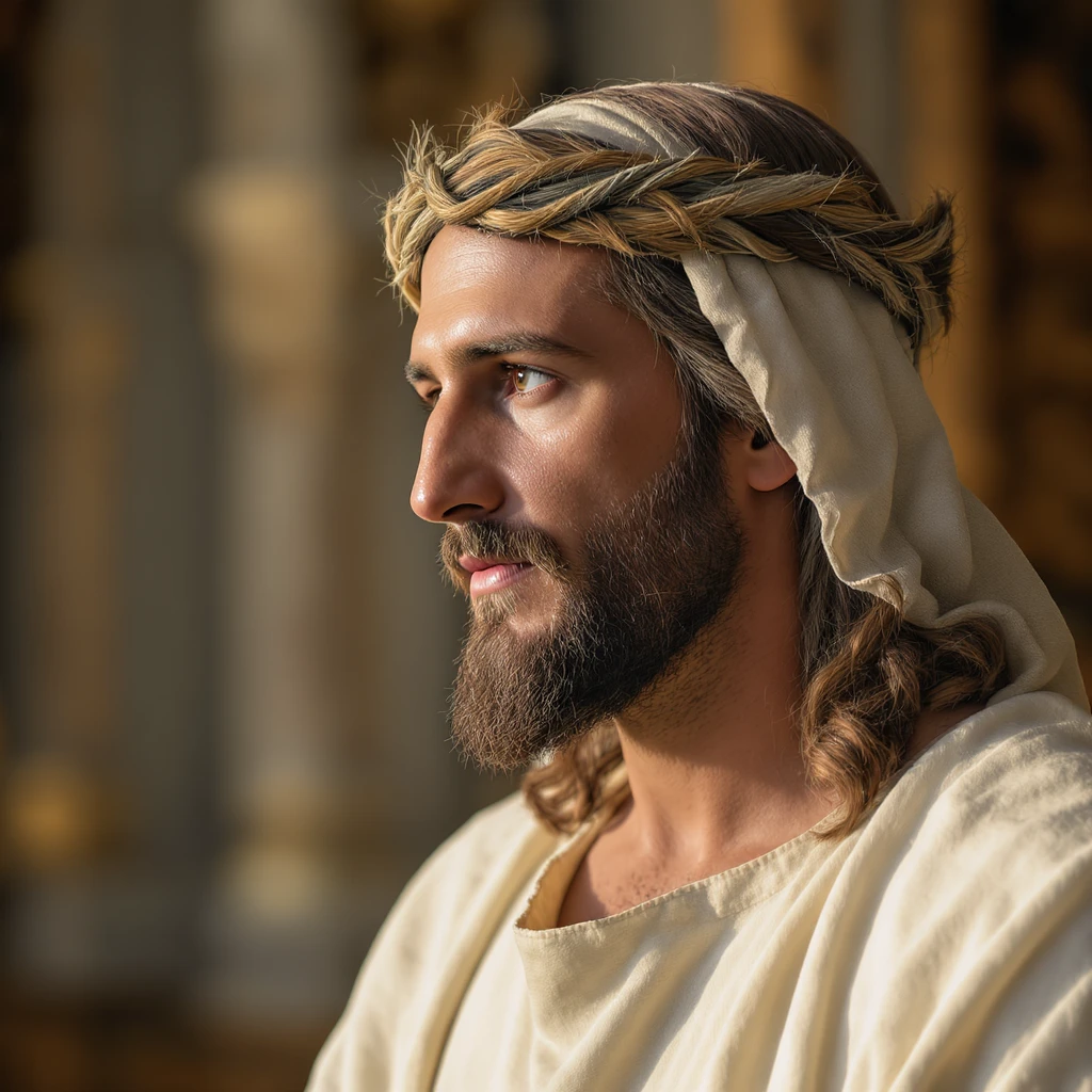 Jesus head from side view, detailed, realistic, gentle expression emoji