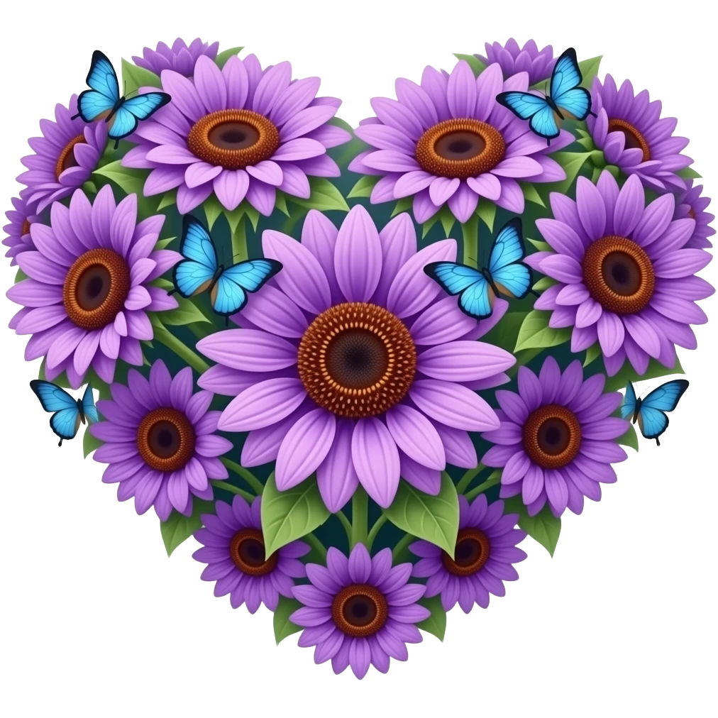 A heart of purple sunflowers with blue butterflies emoji