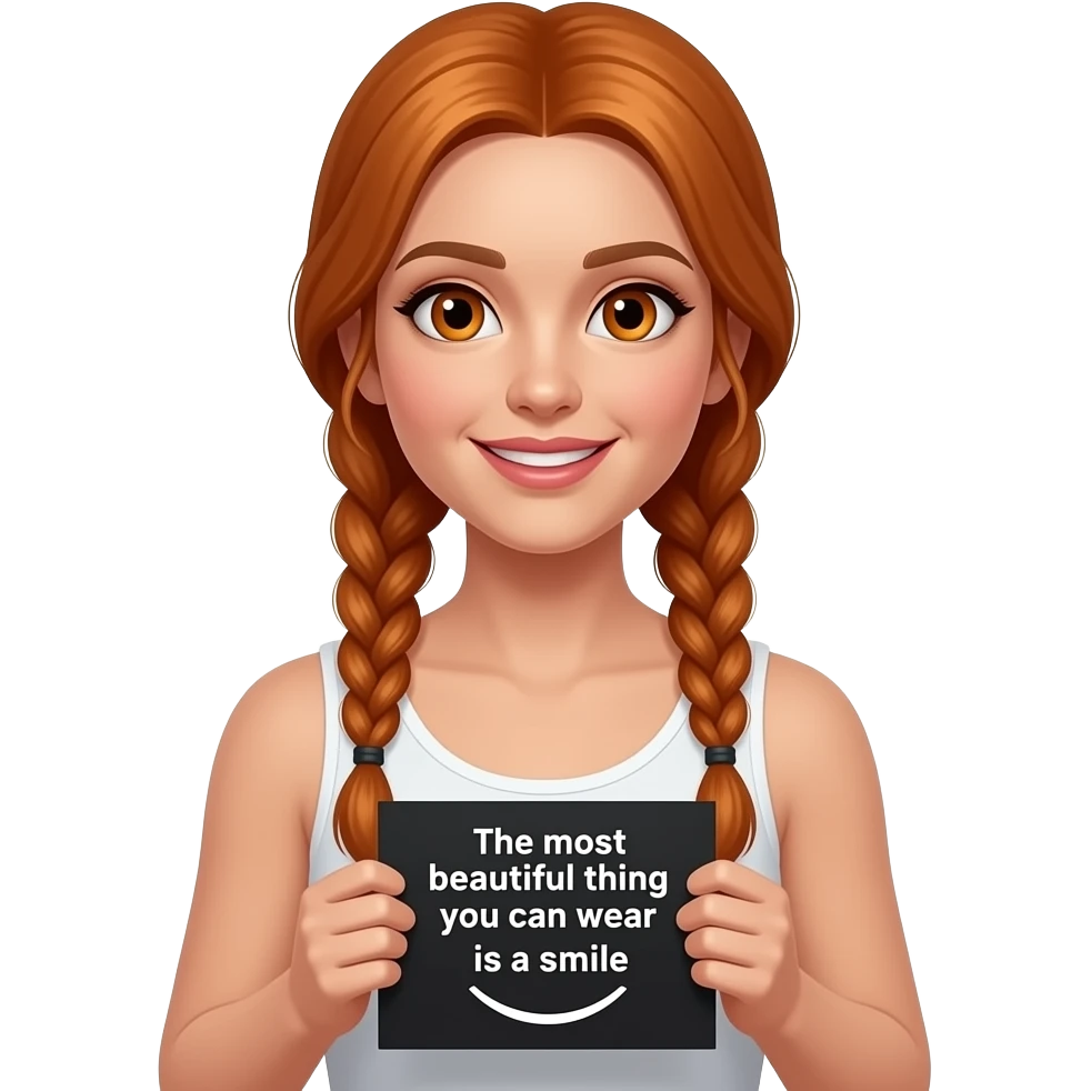 sexy girl with long ginger braids and ginger eyes wearing a white tanktop is holding a black sign with DAS SCHÖNSTE was DU tragen kannst ist ein LÄCHELN written on it emoji