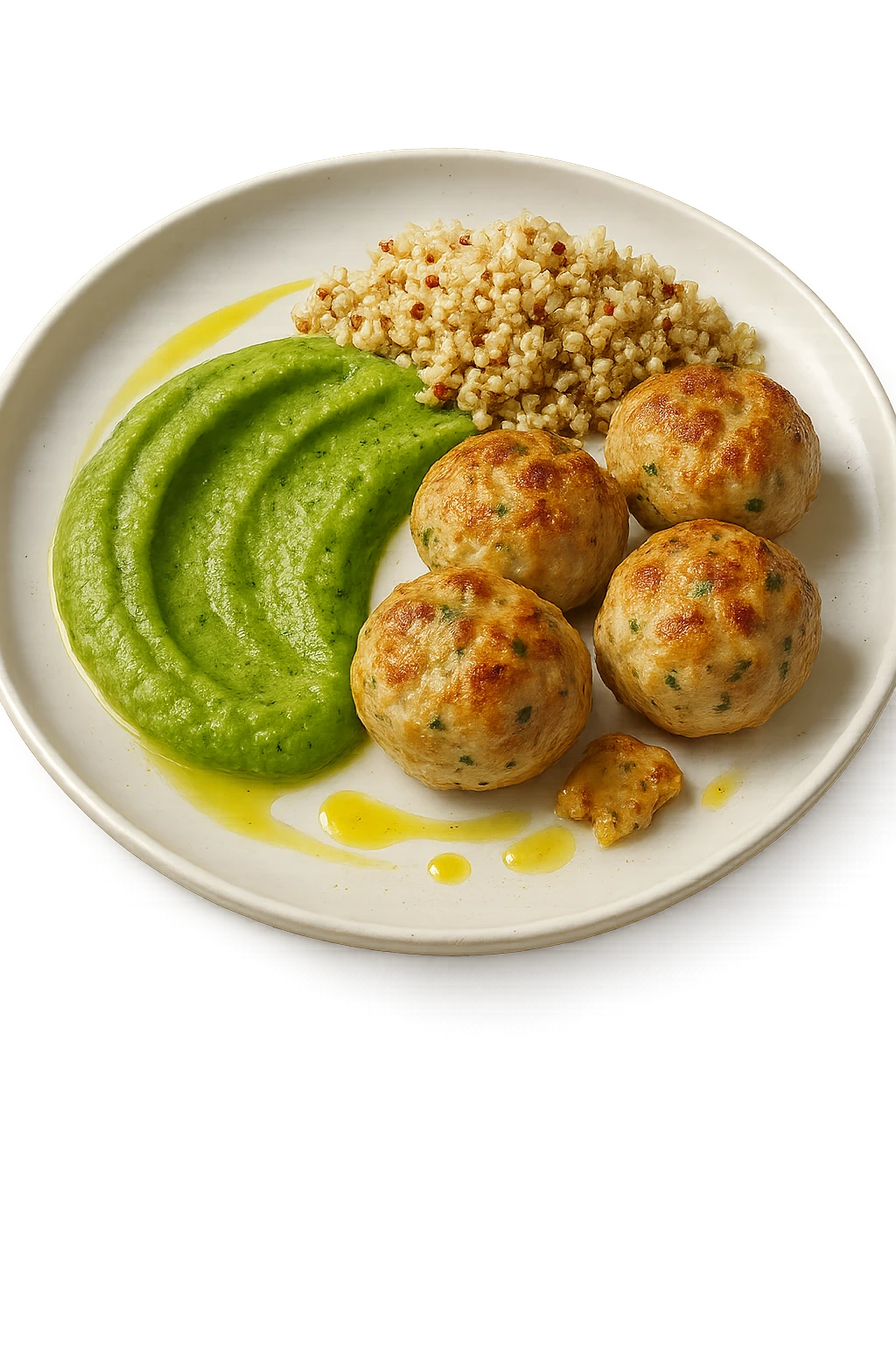 polpette di tacchino, purè di zucchine, quinoa e olio di oliva, iperrealistico 4k emoji