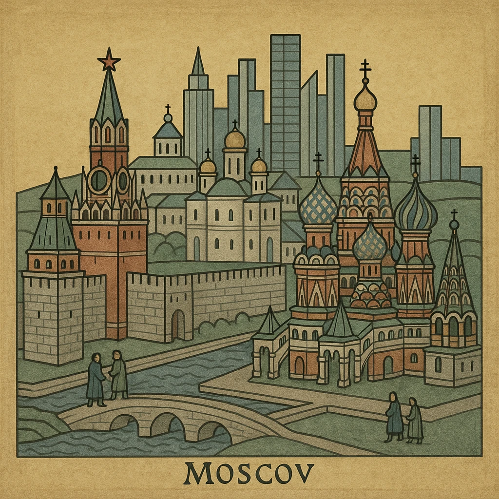 Изометричная миниатюрная 3D модель Москвы - Кремль, собор Василия Блаженного, Сити,  аккуратная детализация, яркие цвета мультяшный реализм, компактная композиция,  вид сверху в изометрии emoji